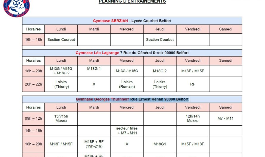 Planning des entraînements 2024 -2025